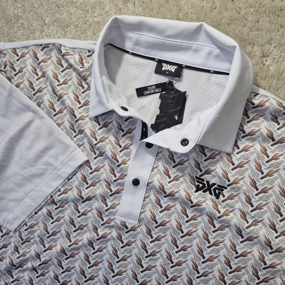 PXG Performance Polo Shirt Mens Medium Brown White Mesh Nature  Southwest Preppy